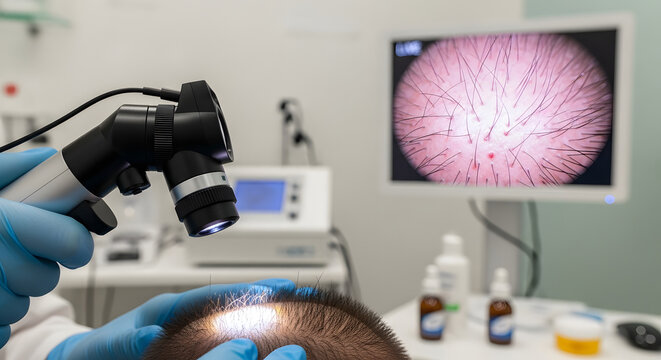 Trichoscopy hair loss examination in dermatology clinic, doctor using trichoscope to analyze scalp on monitor