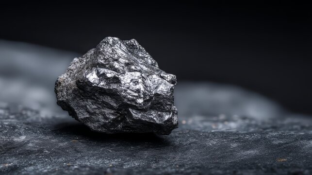 Ore sample rests on dark stone with cinematic lighting in a close view showcasing its features and texture