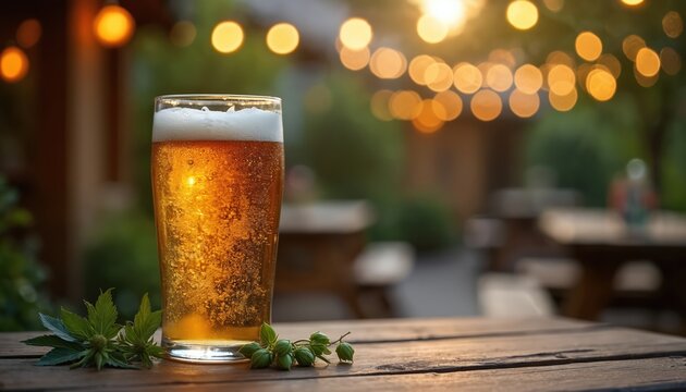 Full glass of cold golden beer sits on outdoor wooden table. Hops plant nearby, bokeh lights in background create cozy evening atmosphere. Refreshing pint on rustic surface.