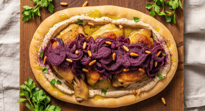 Musakhan Roasted Chicken on Taboon Bread Rustic Middle Eastern Flat Lay