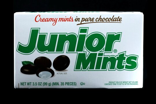 Box of Junior Mints candy, movie theatre candy isolated on black