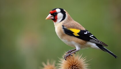 Naklejka premium European goldfinch bird perched on thistle plant in natural habitat. This small songbird has red white black face markings and yellow wing feathers.