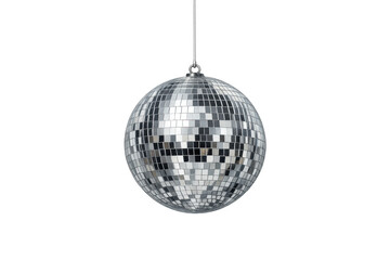 Fototapeta premium Disco ball hanging, reflecting light, featuring hundreds of small mirrored tiles. Background is transparent
