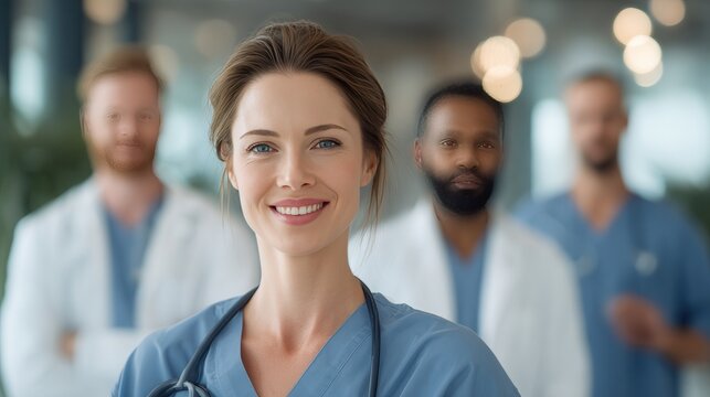 Confident female physician in blue scrubs and stethoscope smiles directly at viewer, framed by blurred male colleagues in white coats and scrubs in a modern hospital corridor with soft bokeh lighting.