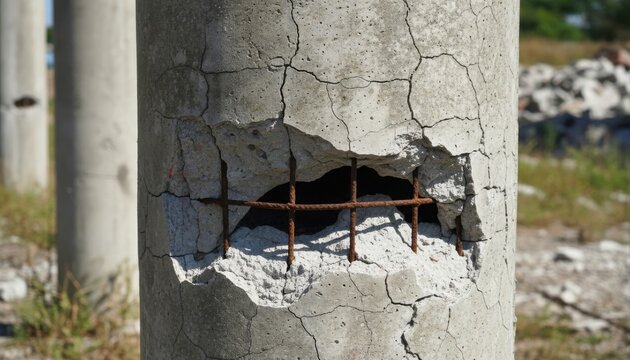 Severely cracked concrete pillar with large spall damage exposing rusted internal steel reinforcement mesh.
