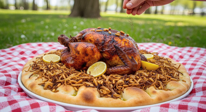 Musakhan Roasted Chicken On Taboon Bread During Authentic Outdoor Picnic