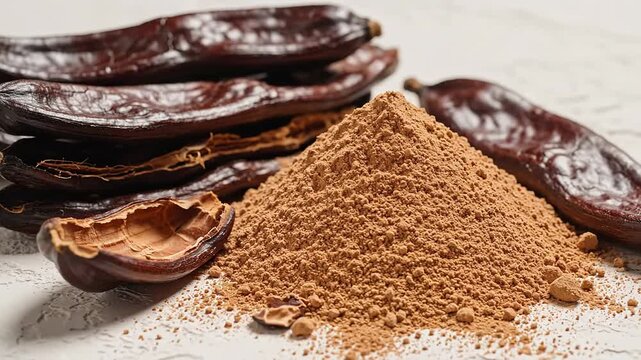 Heap of Dried Carob Pods and Carob Powder on a Textured Surface