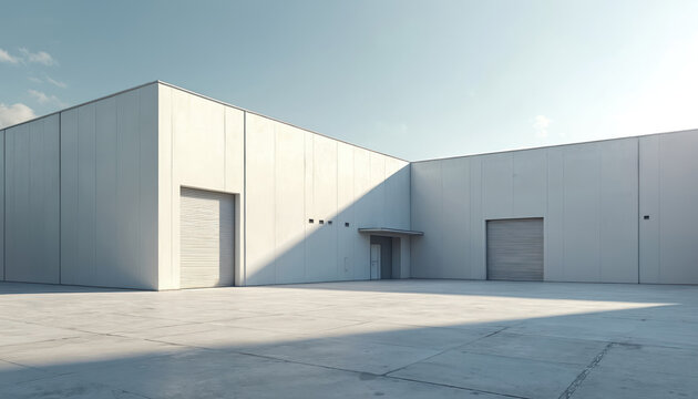 Modern industrial building with large loading bay doors. Concrete facade, clean lines, empty paved area with dramatic shadows suggest commercial warehouse factory site under clear blue sky, awaiting