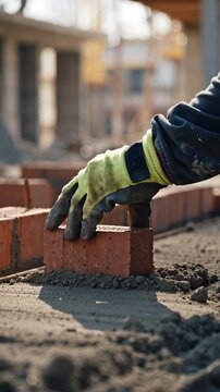 A worker's hands in gloves laying bricks at a construction site