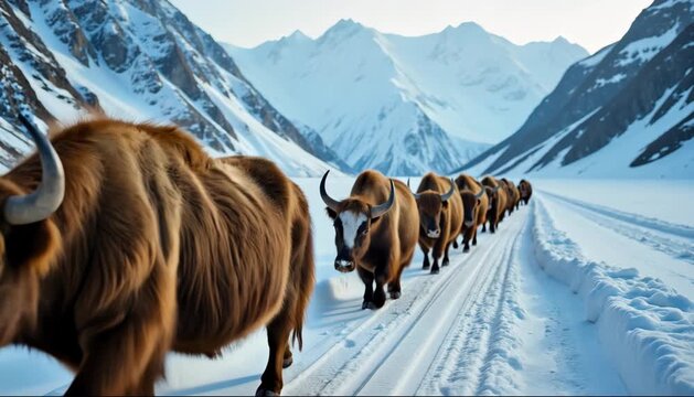 Close up of yak caravan moving through icy mountain pass 