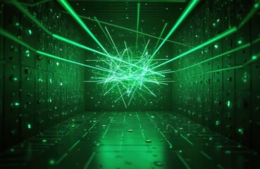 Fototapeta premium Green light beams form complex geometric shape in dark server room. Digital abstract background with glowing lines and particles. Futuristic technology concept with network grid.