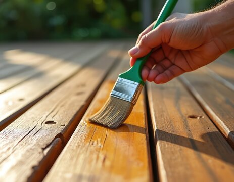 Man applies clear varnish with brush on wooden patio floor. Hand paints outdoor wood planks, protects surface from weather. Home improvement DIY project during daylight.