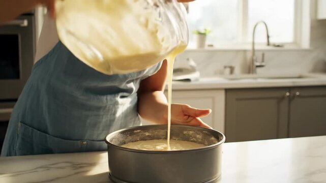 Home baker pouring cake batter into a springform pan for baking