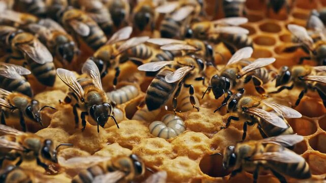 Honeybee colony tending to larvae in honeycomb, close-up macro view