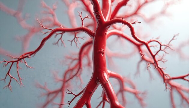 Close up 3D render of human vascular system, red arteries branch like tree. Blood vessel network detail for medical science or biology topic.