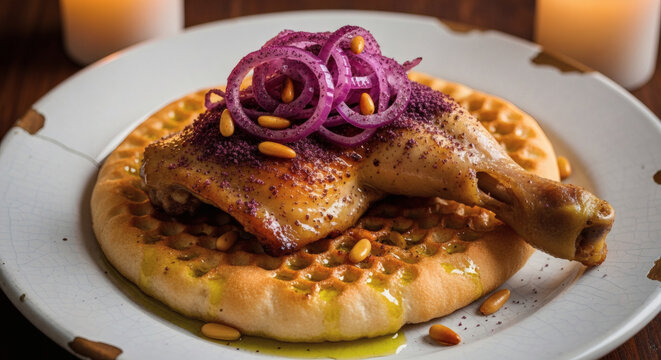 Musakhan Roasted Chicken On Taboon Bread With Sumac In Rustic Setting