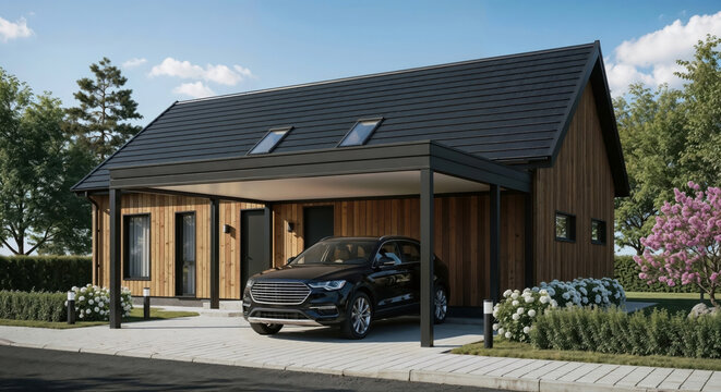 Modern wooden house exterior with carport and parked car