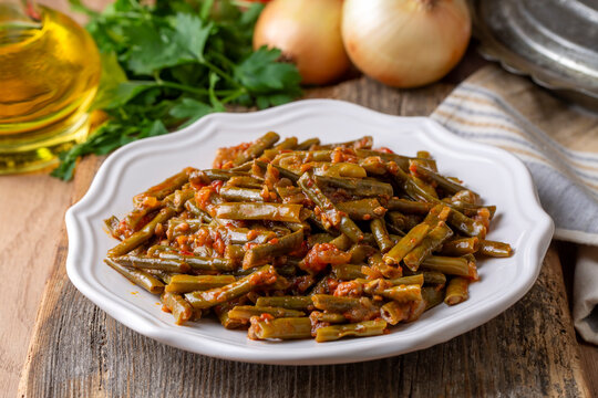 Traditional delicious Turkish food; fresh green black eyed peas food (Turkish name; Zeytinyagli yesil taze borulce or acebek)
