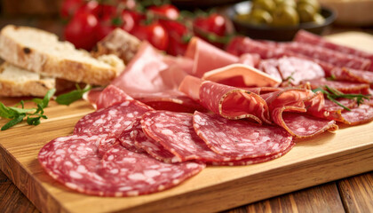 Fototapeta premium Tagliere di salumi misti italiani con salame, mortadella, pane rustico e pomodori. Generative AI 