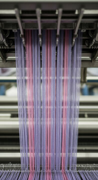 Close-up of vertical pink and lilac thread, held taut by a loom. Represents textile production, precision, and the creation of woven fabric