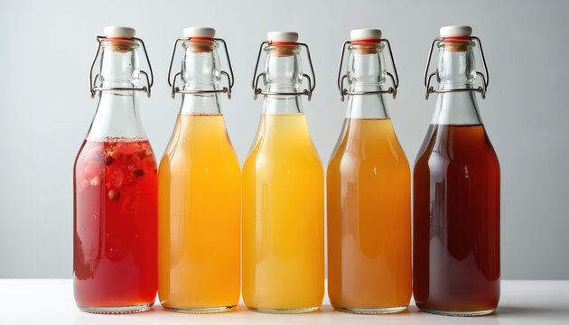 Five glass bottles hold colorful kombucha drinks. Assorted fruit flavors displayed in clear containers. Refreshing fermented tea beverages ready for enjoyment.