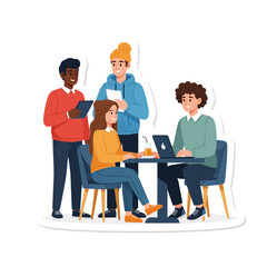 Obraz premium Casual Team Meeting Around Table with Laptops and Drinks