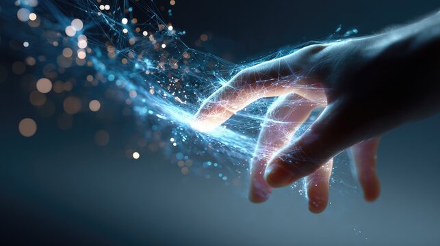Human hand touching glowing digital energy stream with bokeh effect