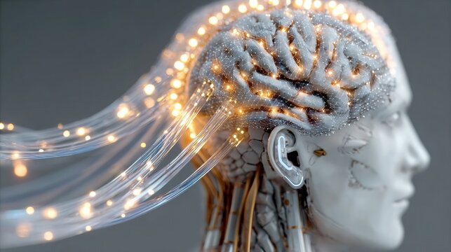 Neural Interface Connection Shows a Human Temple With a Silver Sensor Glowing Amber and Fiber-Optic Lines Pulsing Data to a Holographic Display