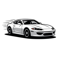 Obraz premium Sporty white coupe vehicle accelerates quickly with motion blur lines indicating speed and agility.