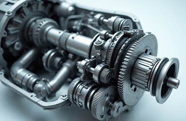 Fototapeta premium Detailed view of complex metal engine gears and components. Precision engineering and advanced tech parts. Power and mechanics in intricate design. Futuristic automotive and industrial machinery.