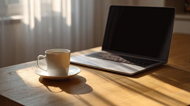 Laptop and coffee cup on wooden table bathed in soft sunlight
