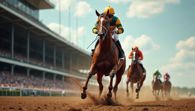 Jockeys race horses on dirt track under bright sky with spectators watching from stands. Horses run fast raising dust on the sunny day. Competition among riders.