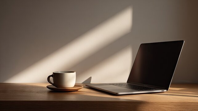 Laptop and coffee cup on wooden table in soft natural sunlight