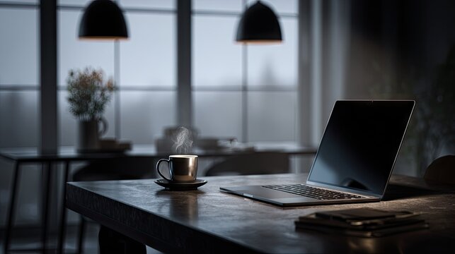 Laptop and coffee cup on wooden table indoors with natural light