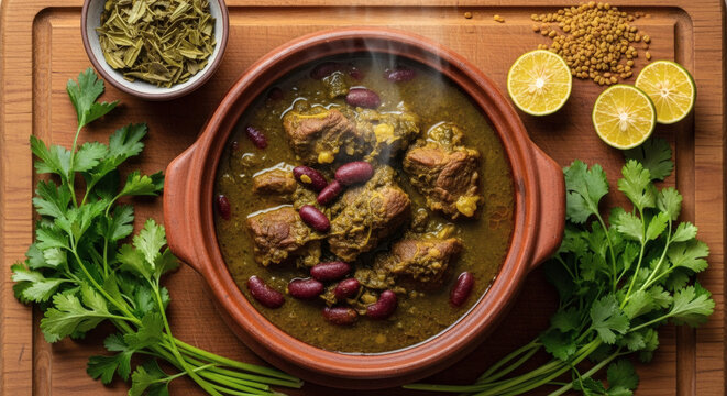 Steaming Ghormeh Sabzi Stew in Rustic Clay Pot Flat Lay