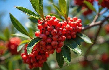 Obraz premium Clusters of bright red berries grow on a Brazilian peppertree branch with green leaves. Red fruits ripen on a plant in summer. Nature detail of wild flora with bokeh background.
