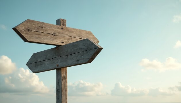 Wooden signpost with two arrows points in opposite directions against blue sky with clouds. Decision making concept, choice, guidance, and direction.