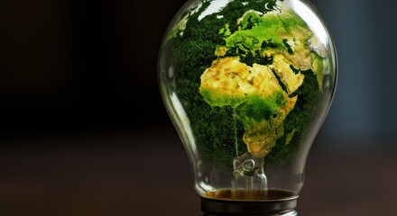 Light bulb with Earth covered in green foliage suggesting sustainable energy