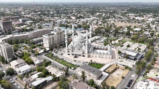 Description:Bishkek, Kyrgyzstan &ndash; October 4, 2025: Majestic Central Mosque with white domes, minarets, and intricate Islamic architecture in the city.