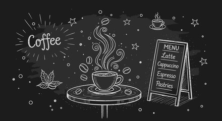 Cozy Coffee Shop Chalkboard Menu with Steaming Cup and Pastries © Koko