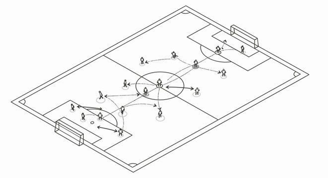 Isometric Soccer Tactics Diagram with Player Movements and Game Strategy in Line Art Style on Isolated White Background.