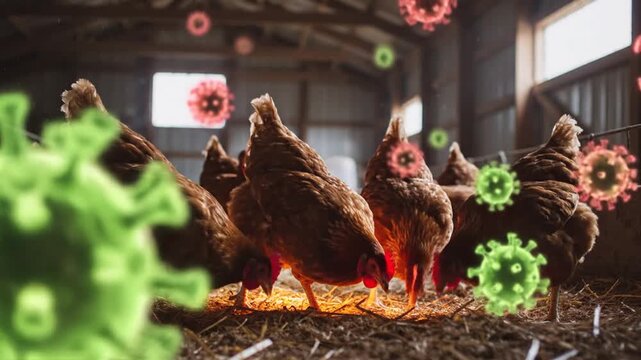 Chickens in a barn with virus particles