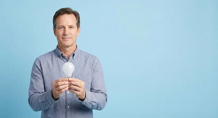 Fototapeta premium Man Holding Light Bulb, Creative Idea and Innovation Concept