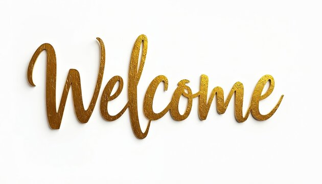 Golden welcome sign in elegant cursive lettering. This beautiful metallic text decor piece conveys warmth and hospitality for any event or business entrance. A charming greeting.