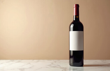 Fototapeta premium Dark wine bottle with blank white label sits on marble surface. Beige wall background provides ample copy space. Elegant product shot for branding.