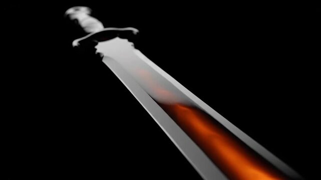 Close-up of steel medieval sword weapon with a red glow, isolated on black for fantasy, action, or historical concepts.