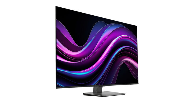 High-end matte black 8k qled smart tv with thin bezel showing vibrant purple cosmic digital art, on a dark aluminum stand, isolated on white background, premium technology advertising concept