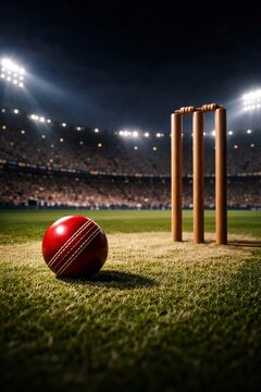 Red cricket ball and wooden stumps on green grass pitch under stadium lights at night, sports arena background