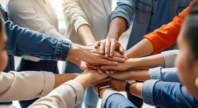 Diverse group of people showing unity and solidarity by stacking their hands together, symbolizing teamwork and collaboration in a modern professional setting
