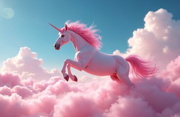 Naklejka premium White pink unicorn with flowing mane jumps on pink clouds against blue sky. Mythical horse flies through soft clouds under bright moon. Creature has single horn, long tail.